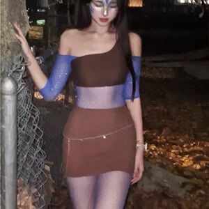 Brown One-Shoulder w/ Blue Full Body Sparkle Mesh Avatar Costume Set